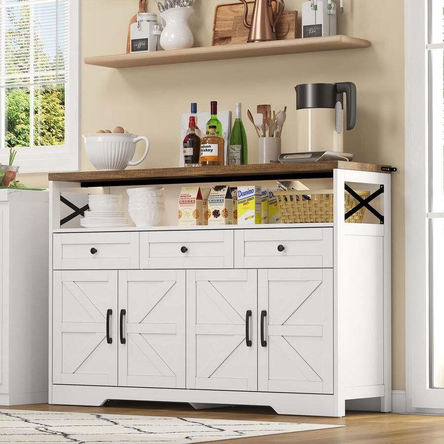 Sweiko Dressoir met 3 laden 4 deuren Rustiek Verstelbare planken Wit + Bruin