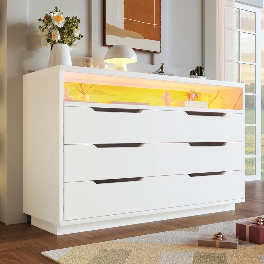 Sweiko Dressoir Met LED verlichting 6 laden Marmerstructuur Wit