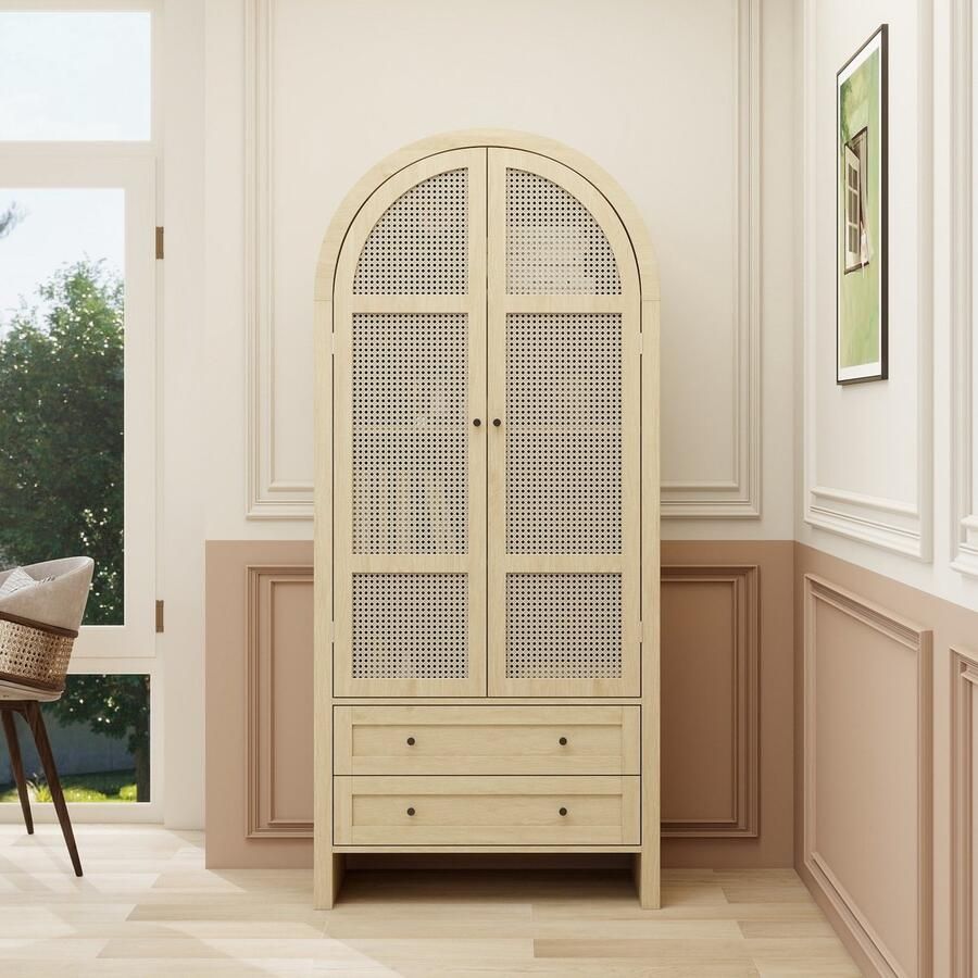 Sweiko Dressoir Opbergruimte Boheems Gebogen rotan deuren 2 laden Natuurlijk