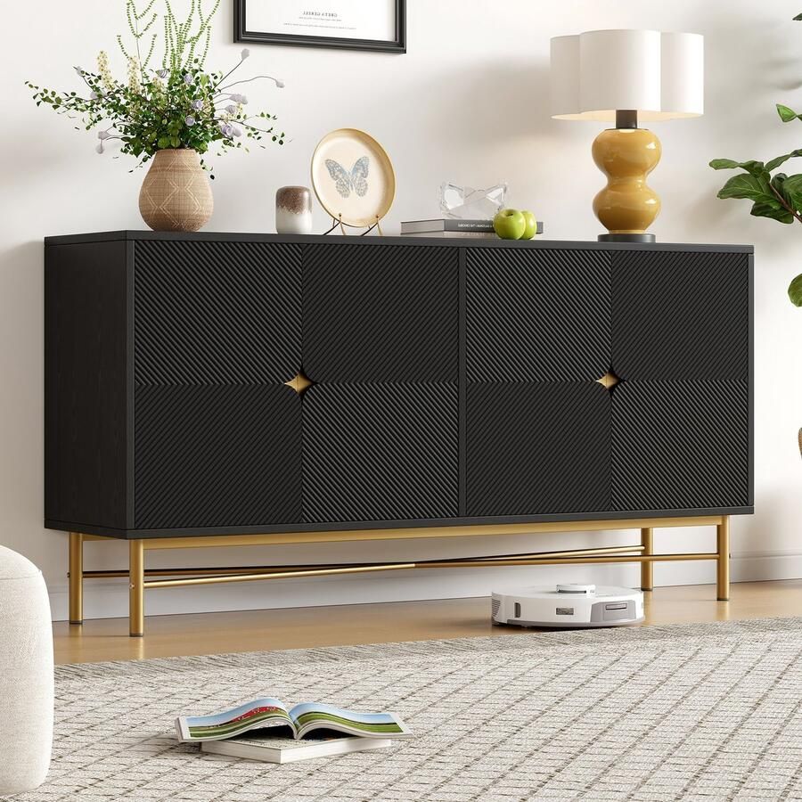 Sweiko Dressoir Reliëfstructuur 4 deuren Gouden handgrepen 160×40×82 cm Zwart