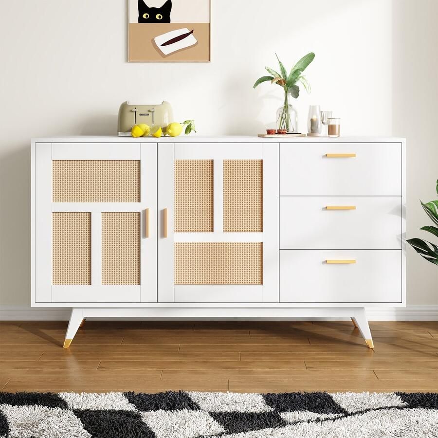 Sweiko Dressoir Rotan deur 3 laden Goudkleurige handgrepen 160*40*87cm Wit