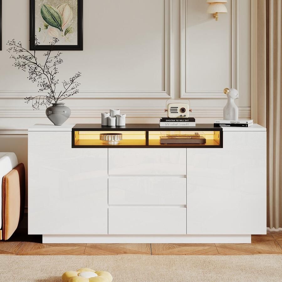 Sweiko Dressoir Verstelbare planken LED-verlichting 3 lades Hoogglans Wit + Zwart