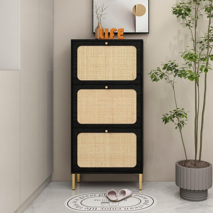 Sweiko Drie deurschoenkast Geïntegreerd Gesneden Deurpaneel Elk met onafhankelijke steunpoten vrij afneembaar Zwart