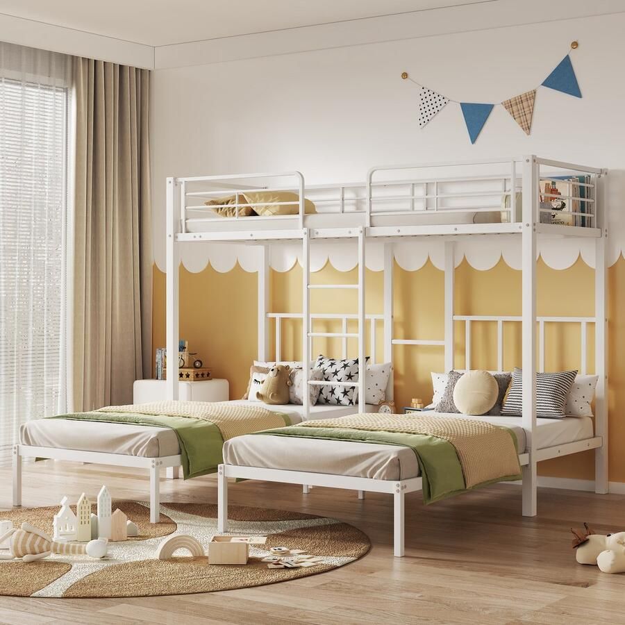 Sweiko Driepersoonsbed Stapelbed met ladder voor kinderen en tieners ijzeren bed met valbeveiligingsrail en tafel wit 90x200cm*3
