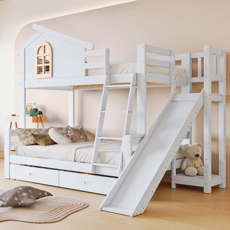 Sweiko Dubbeldekbed met Markante ramen en vier niveaus roltrap Glijbaan 90x200cm en 120x200cm met twee laden massief houten bedframe Wit - Foto 2