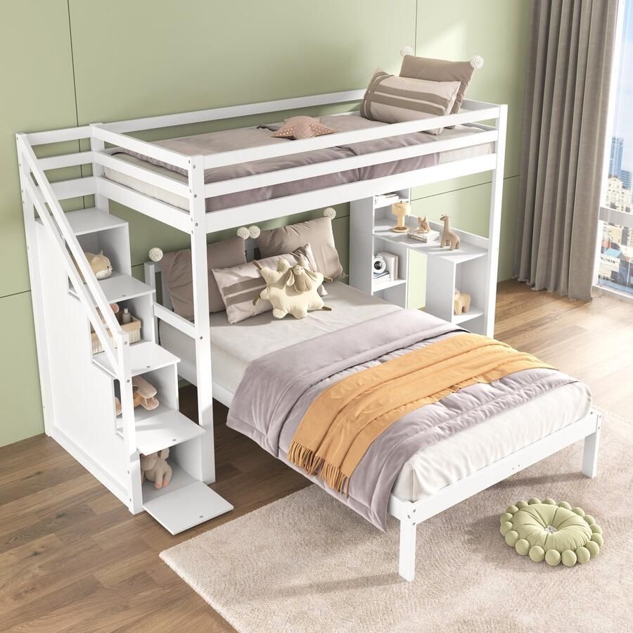 Sweiko Dubbeldekbed met Zijframe 90x200cm+120x200cm Multifunctioneel babybedje Kinderstapelbed Bergtrap grote opbergruimte Geen matras dennenhout medium density vezelplaat Wit
