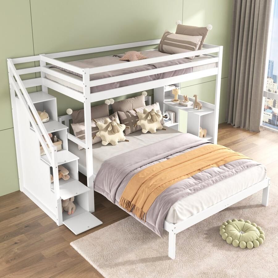 Sweiko Dubbeldekbed met Zijframe 90x200cm+140x200cm Multifunctioneel babybedje Kinderstapelbed Bergtrap grote opbergruimte Geen matras dennenhout medium density vezelplaat Wit