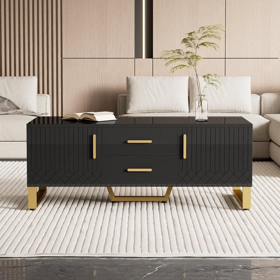 Sweiko Een Gladde Salontafel met Lades Gouden Handvatten en poten. Met een open opbergvak en speciaal deurpaneel ontwerp Zwart