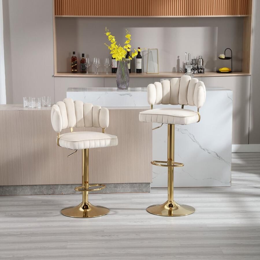Sweiko Een set van 2-barstoelen met Verstelbare Toonhoogte Kan 360 °draaien Lvoorwit Fluwelen stof Uitgerust met voetsteunen geschikt voor keukens en restaurants