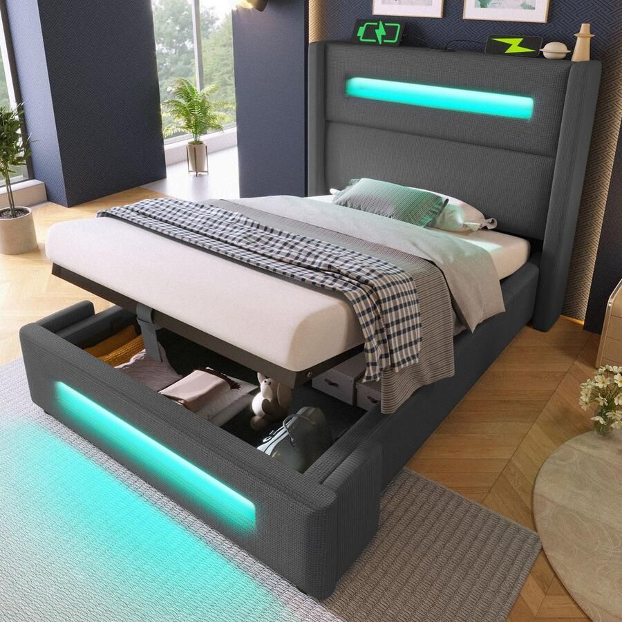 Sweiko Eenpersoonsbed 90 x 200 cm LED-verlichting Opbergruimte USB Type-C Linnen Grijs