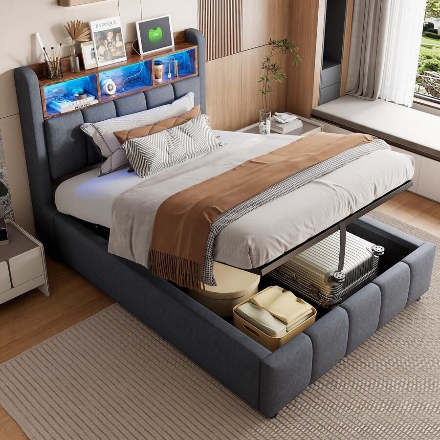 Sweiko Eenpersoonsbed 90 x 200 cm LED verlichting USB aansluiting Opbergruimte Linnen Grijs