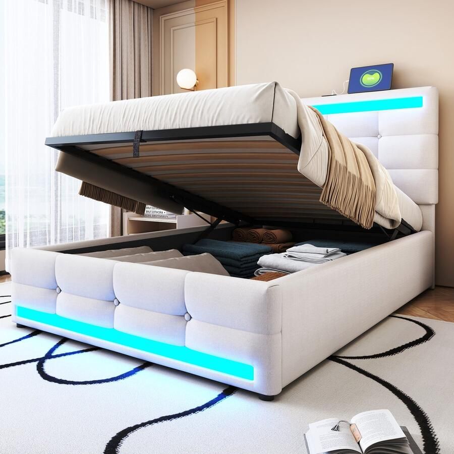 Sweiko Eenpersoonsbed 90 x 200 cm Opbergruimte USB-aansluiting LED-lichtstrip Linnen Beige