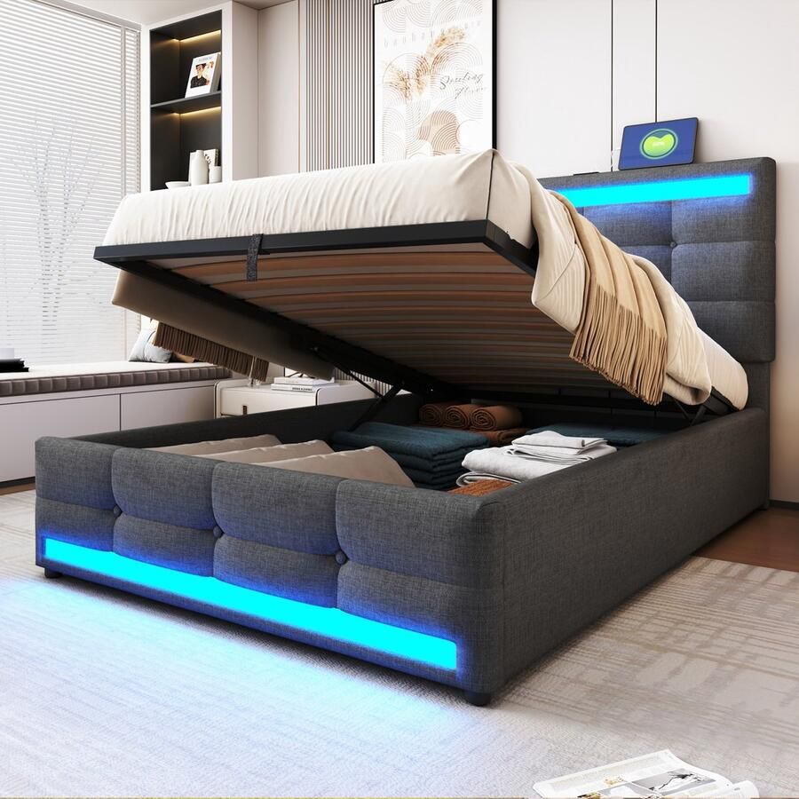 Sweiko Eenpersoonsbed 90 x 200 cm Opbergruimte USB-aansluiting LED-lichtstrip Linnen Grijs