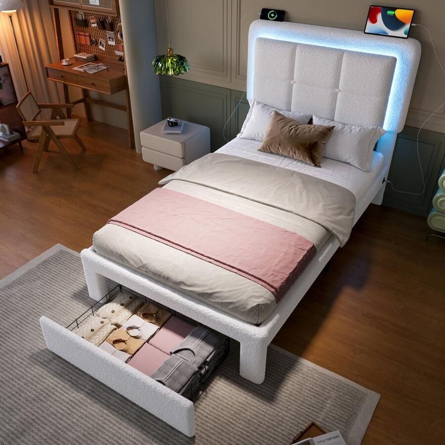 Sweiko Eenpersoonsbed 90 x 200 cm Teddy Verstelbaar hoofdeinde LED-verlichting USB-aansluiting Wit