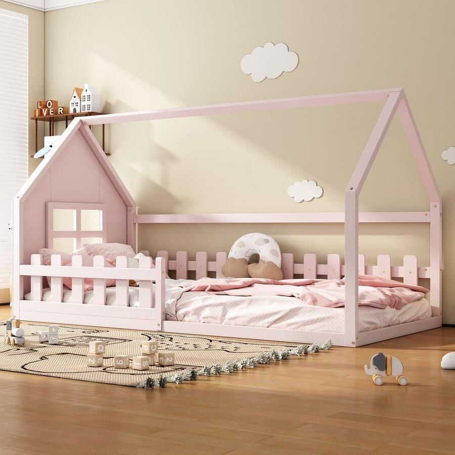 Sweiko Eenpersoonsbed 90*200 cm Kinderbed Huisvormig met Hek Roze