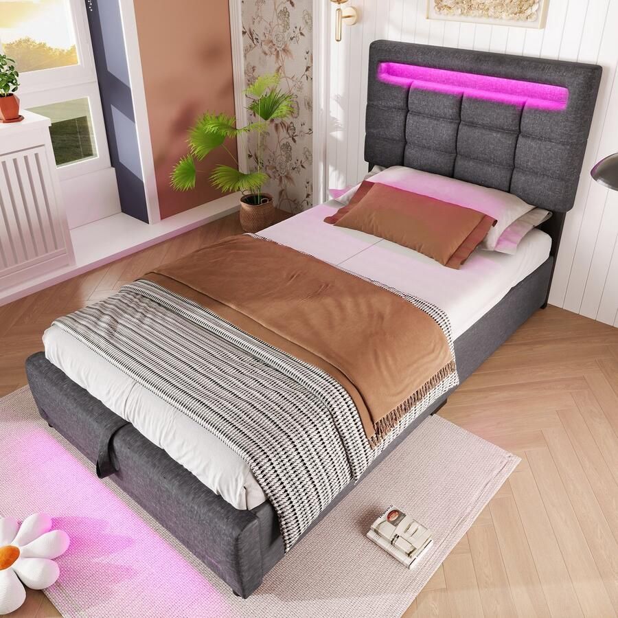 Sweiko Eenpersoonsbed 90*200 cm LED verlichting USB aansluiting Hydraulische opbergruimte Linnen Grijs