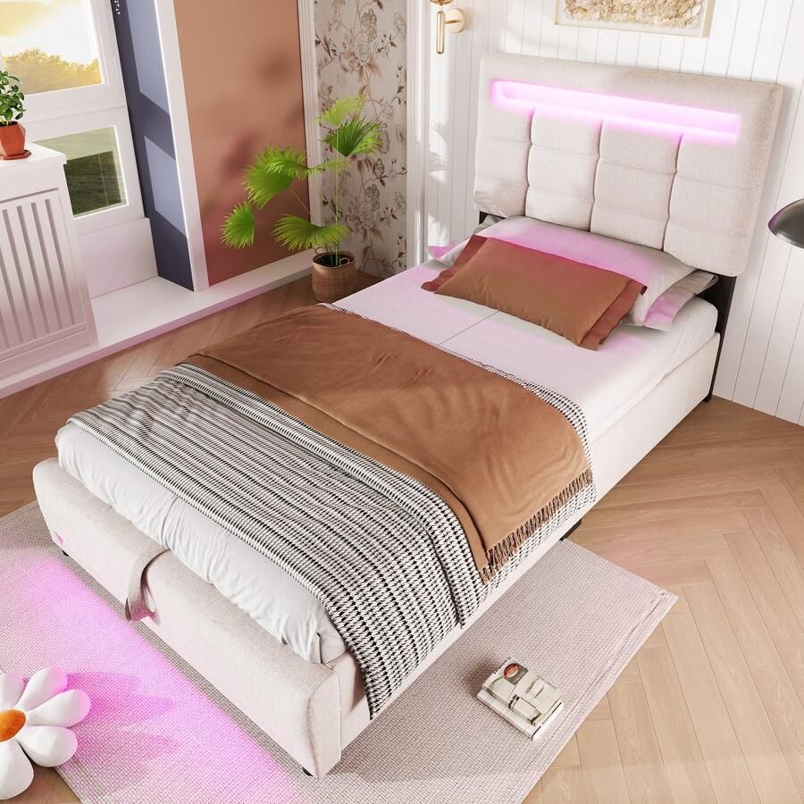 Sweiko Eenpersoonsbed 90*200 cm LED verlichting USB aansluiting Hydraulische opbergruimte Linnen Beige