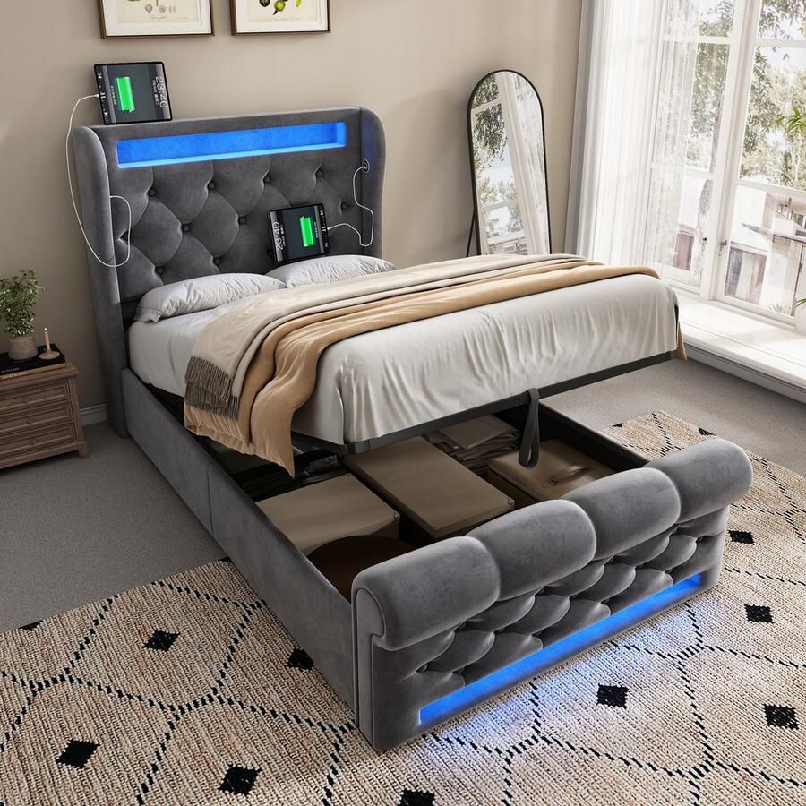 Sweiko Eenpersoonsbed 90x200 cm LED-verlichting USB Type-C Opbergruimte Velvet Grijs