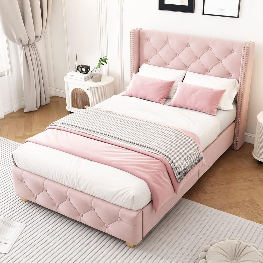 Sweiko Gestoffeerd bed 90x200cm met plat noedelsframe en hoofdeinde knoopkussen klinknagels kussen houten poot fluweel Roze