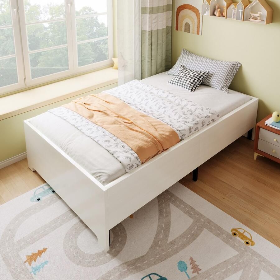 Sweiko Eenpersoonsbed Kinderbed 90×200 cm Massief houten bedframe Lattenbodem Wit