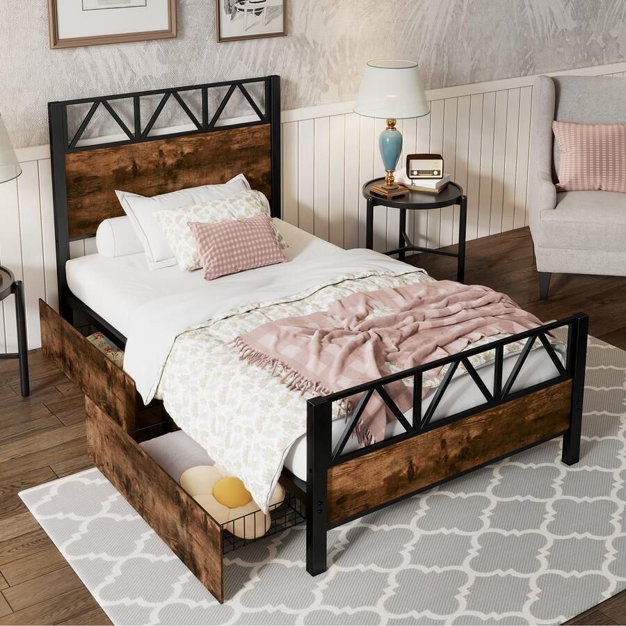 Gutent Kinderbed Zwart + Walnoot (Zonder matras) Vintage Twee laden op wieltjes Metalen frame metaal + MDF 90x200 cm geschikt voor adolescenten en volwassenen