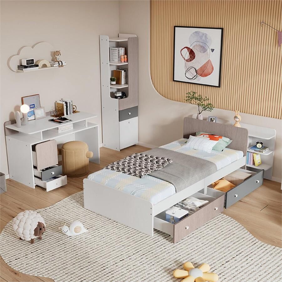 Sweiko Eenpersoonsbed+Bureau+Boekenkast Kinderen Jeugdkamer combinatie Complete slaapkamer set Kinderbed Jeugdbed met planken met lades MDFMultilagerpaneel Wit en lichtiep kleur grijs 90x200cm