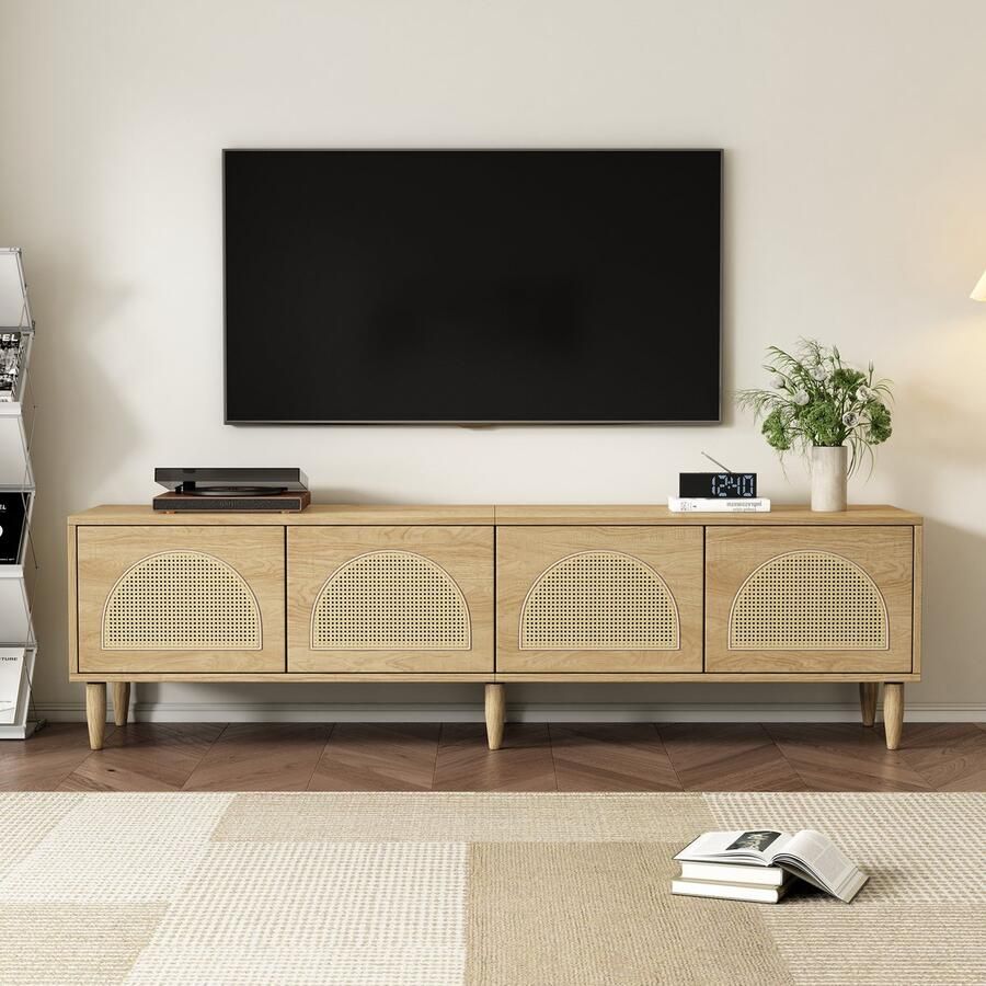 Sweiko Eenvoudige tv-kast 180x40x51cm Lade kast met 4 rieten deuren Verstelbare hoogteponen en 4 kabelmanagement gaten geschikt voor tv's onder 80 inch tv-kasten en lage vloerplatforms Houtkleur