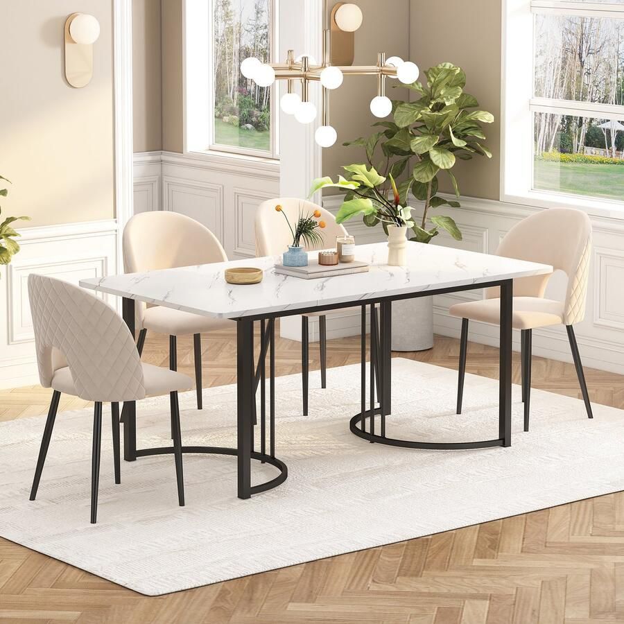 Sweiko Eetgroep (1 set 140 x 80cm Eettafel met 4 Stoelen) Diamant Patroon Verstelbare stoelpoten Beige fluweel Wit MDF tafelblad Zwarte tafelpoten Moderne Keuken eettafel set fluwelen eettafel stoelen