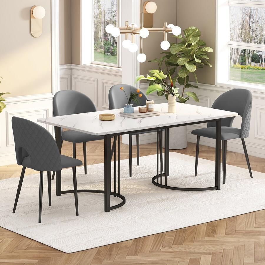 Sweiko Eetgroep (1 set 140 x 80cm Eettafel met 4 Stoelen) Moderne keuken eettafel set Fluwelen eettafel stoelen diamant patroon verstelbare stoelpoten grijs fluweel wit MDF tafelblad zwarte tafelpoten