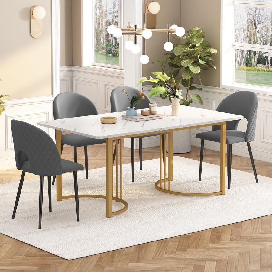 Sweiko Eetgroep (1 set 140 x 80cm eettafel met 4 stoelen) Moderne keuken eettafel set Fluwelen eettafel stoelen Diamant patroon Verstelbare stoelpoten Grijs fluweel Wit MDF tafelblad gouden tafelpoten