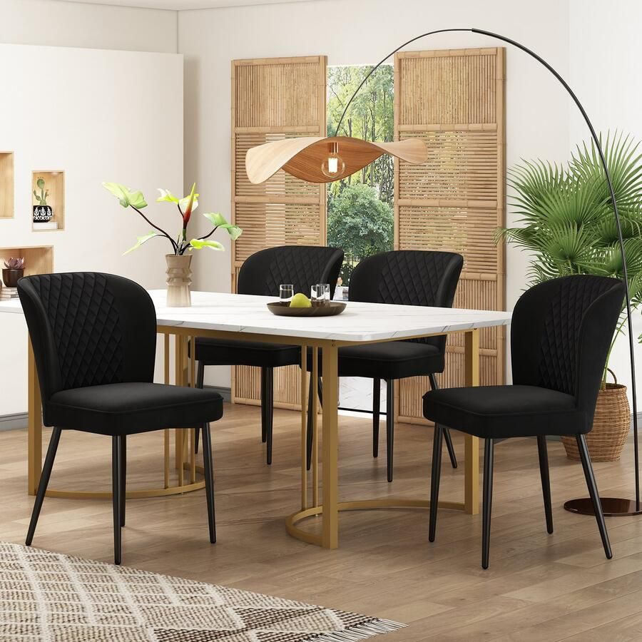 Sweiko Eetgroep (140 x 80 x 75cm Eettafel met 4-stoelen) Moderne keuken eettafel set Zwart fluwelen eetkamerstoelen kussen stoel ontwerp met rugleuning wit MDF tafelblad gouden tafelpoten