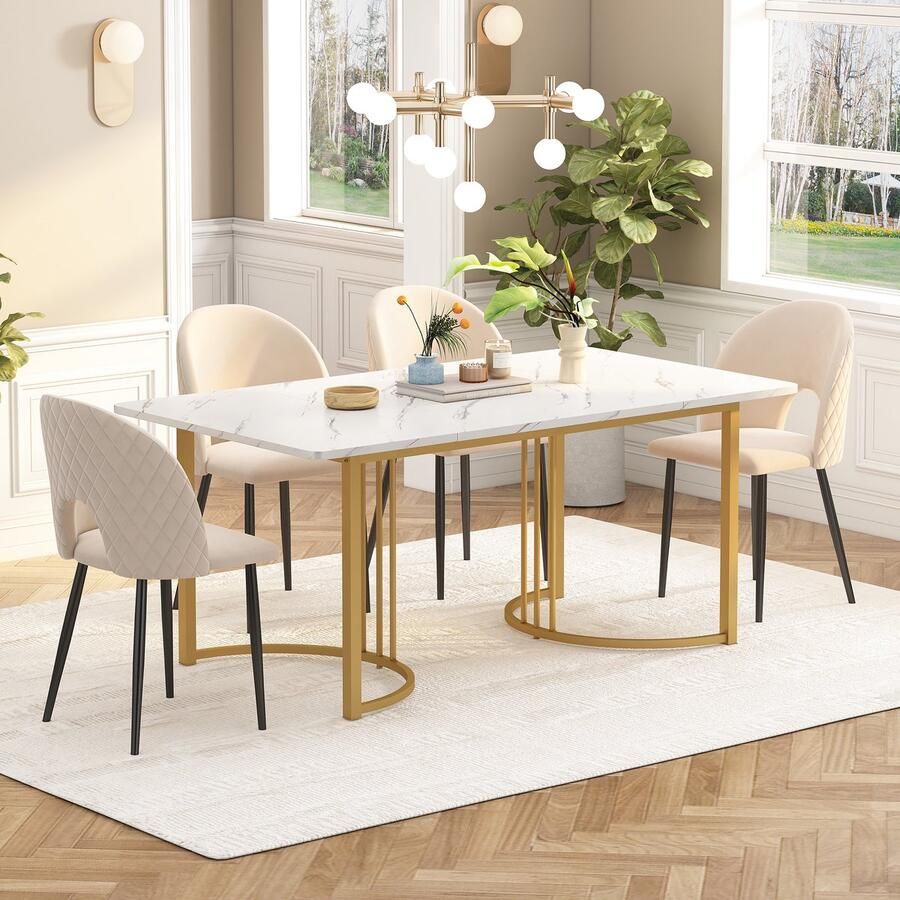 Sweiko Eetgroep (140 x 80cm eettafel met 4-stoelen) Moderne keuken eettafel set Fluweel restaurant stoelen Diamant patroon verstelbare stoelpoten Beige fluweel Wit MDF tafelblad Gouden tafelpoten