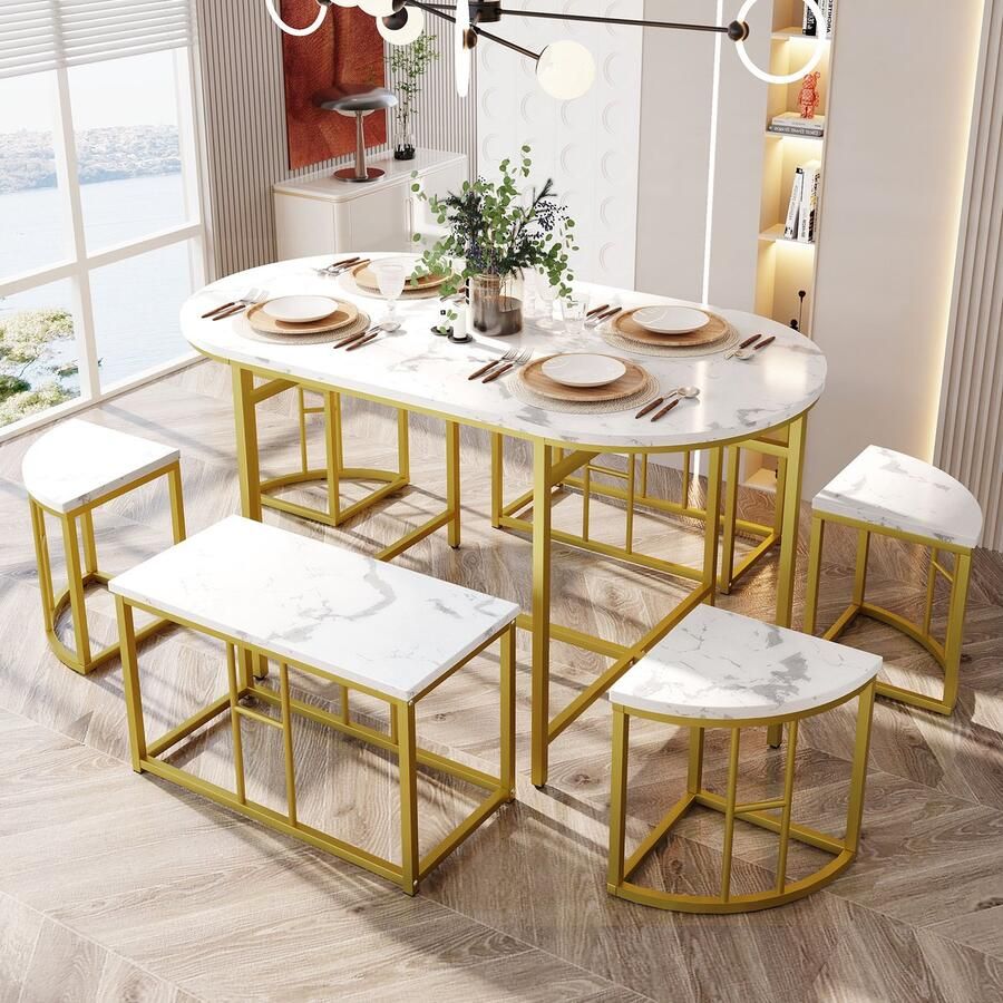 Sweiko Eetgroep Eettafel set met zes stoelen Eetkamer groep met Witte MDF mat en verguld ijzeren frame moderne luxe tafels en stoelen