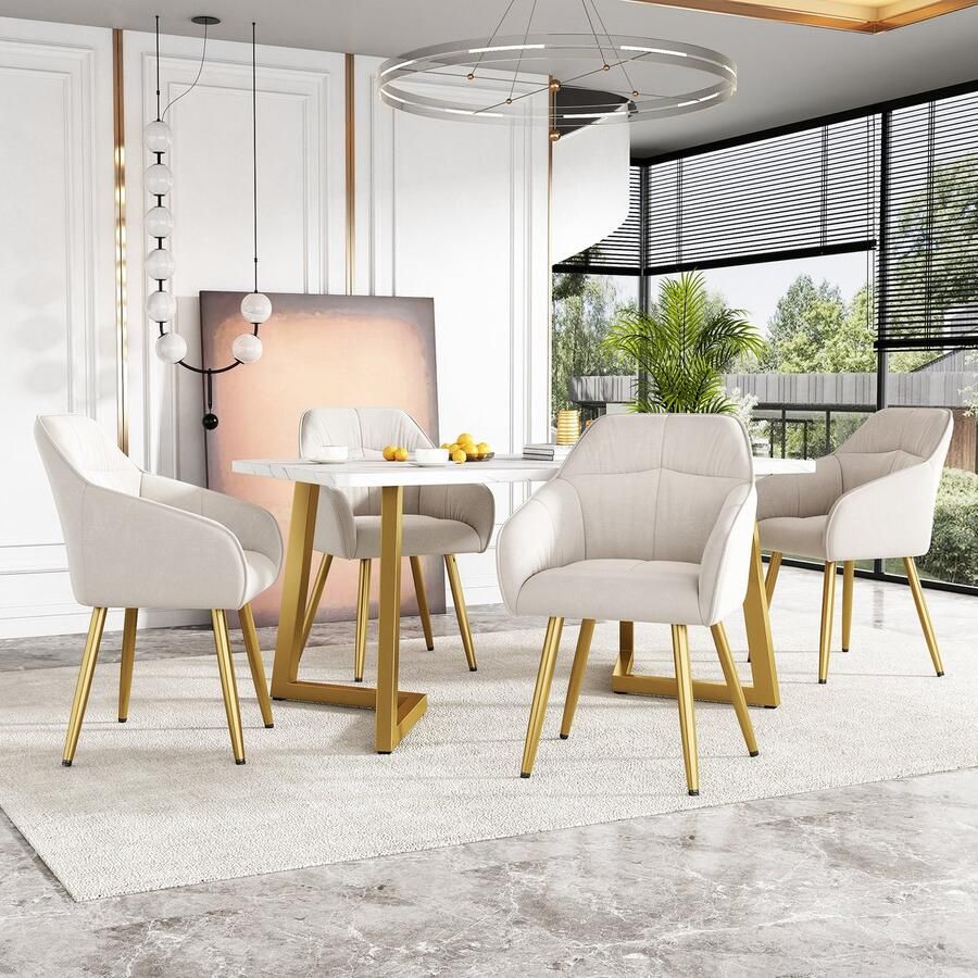 Sweiko Eetgroep (set 117 x 68 x 75cm eettafel met 4-stoelen) Moderne keuken eettafel set Eetstoel keukenstoel met rugleuning wit MDF tafelblad gouden tafelpoten