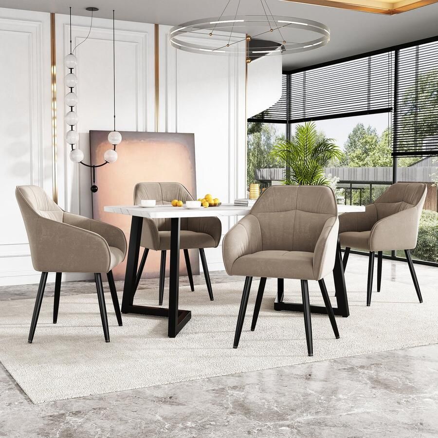 Sweiko Eetgroep (set 117 x 68 x 75cm eettafel met 4-stoelen) Moderne keuken eettafel set Kussens stoel ontwerp met rugleuning wit MDF tafelblad Zwarte tafelpoten