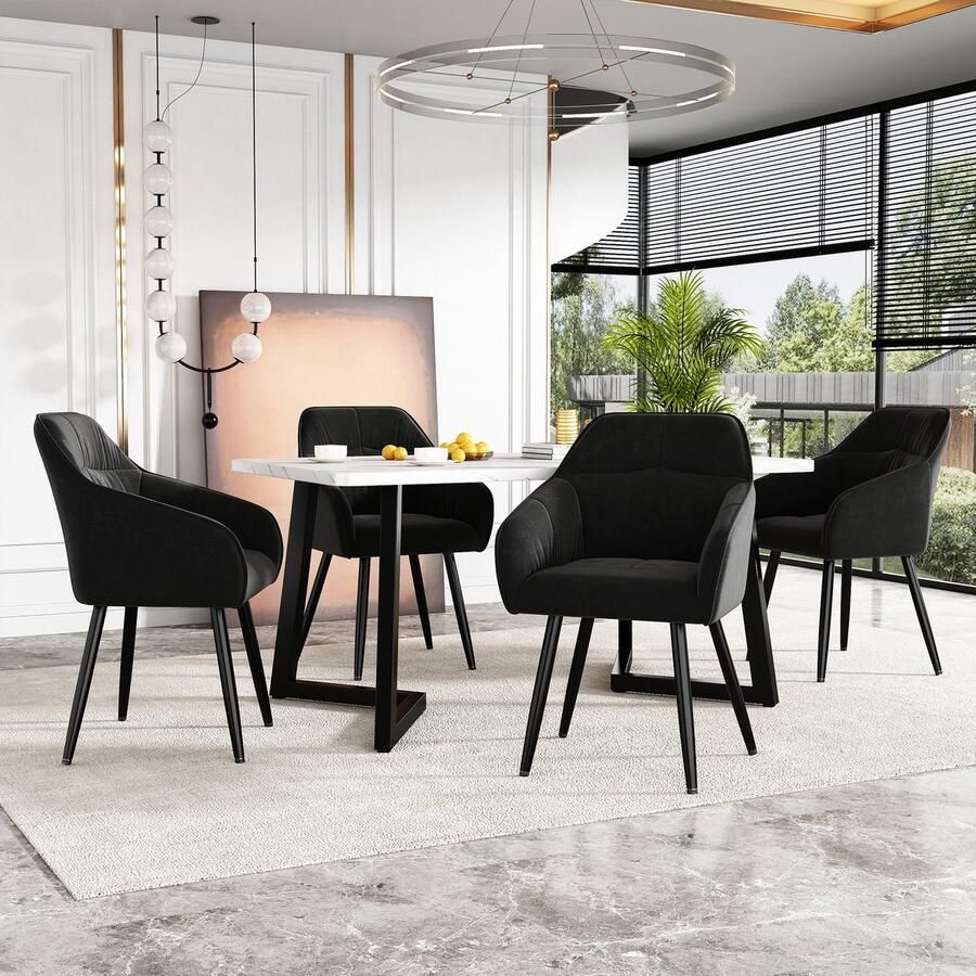 Sweiko Eetgroep (set 117 x 68 x 75cm eettafel met 4-stoelen) Moderne keuken eettafel set zwart fluwelen eetkamerstoelen kussens stoel ontwerp met rugleuning wit MDF tafelblad Zwarte tafelpoten