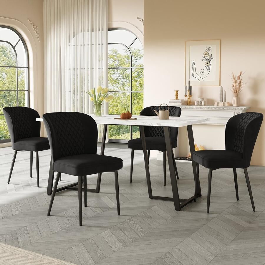 Sweiko Eetgroep (set 140 x 80 x 75cm eettafel met 4 stoelen) moderne keuken eettafel set donkergrijs fluweel eetkamerstoelen kussens stoel ontwerp met rugleuning wit MDF tafelblad zwarte tafelpoten