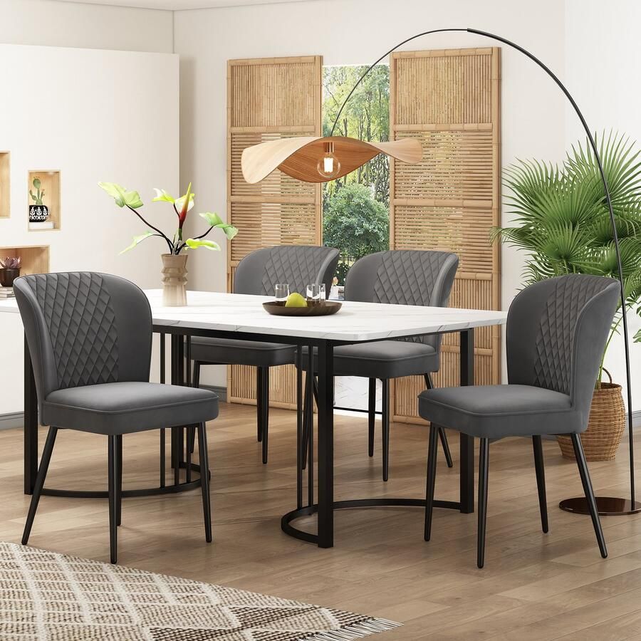 Sweiko Eetgroep (set 140 x 80 x 75cm eettafel met 4 stoelen) moderne keuken eettafel set donkergrijs fluweel eetkamerstoelen kussens stoel ontwerp met rugleuning wit MDF tafelblad zwarte tafelpoten
