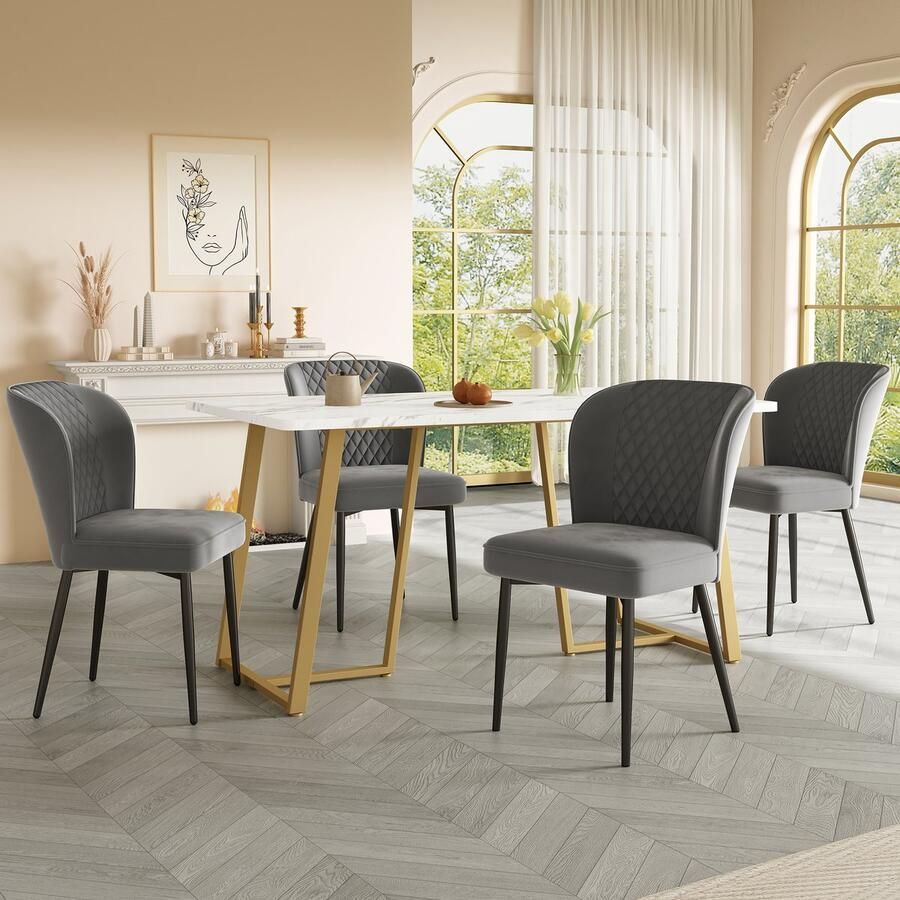 Sweiko Eetgroep (set 140 x 80 x 75cm eettafel met 4 stoelen) Moderne keuken eettafel set donkergrijs fluweel eetkamerstoelen kussens stoel ontwerp met rugleuning wit MDF tafelblad zwarte tafelpoten