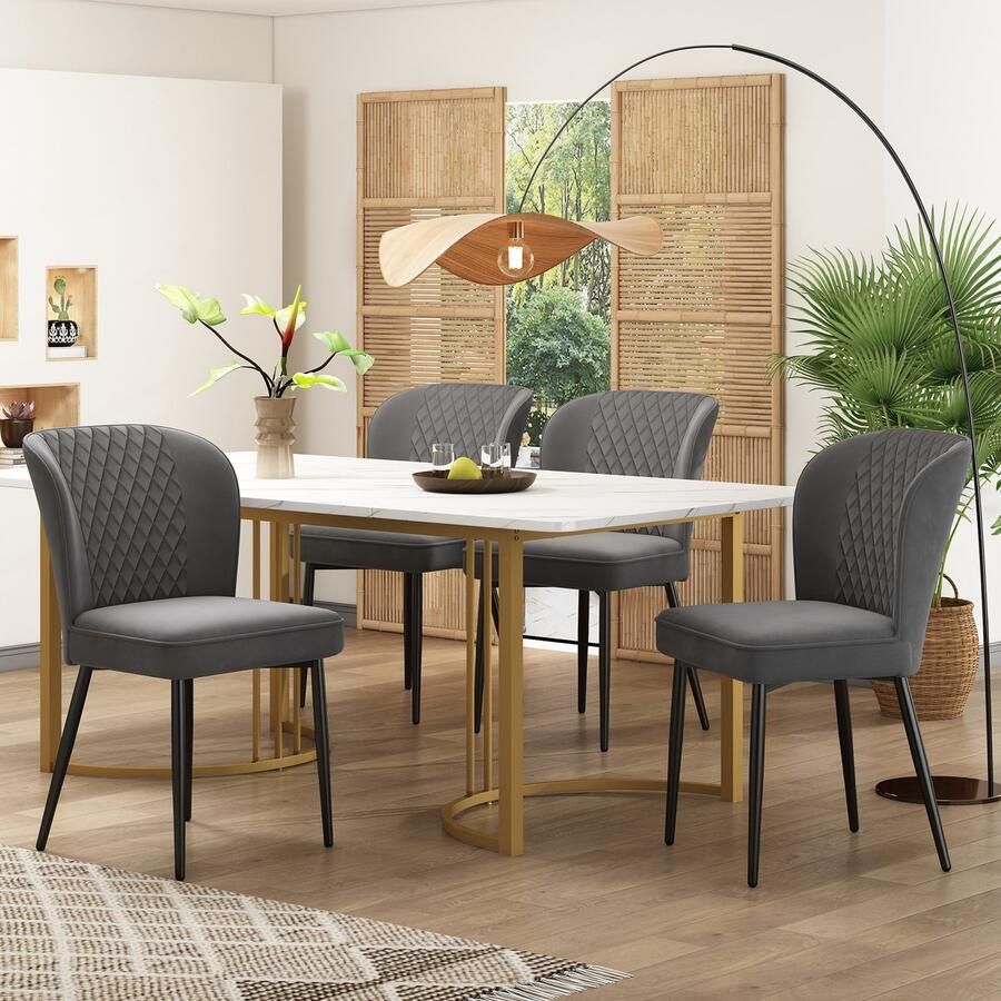 Sweiko Eetgroep (set 140 x 80 x 75cm eettafel met 4 stoelen) moderne keuken eettafel set donkergrijs fluweel eetkamerstoelen kussens stoel ontwerp met rugleuning wit MDF tafelblad gouden tafelpoten