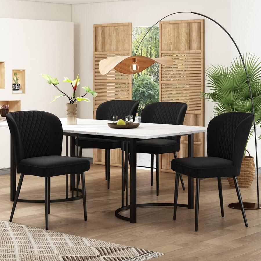 Sweiko Eetgroep (set 140 x 80 x 75cm Eettafel met 4 Stoelen) Moderne keuken eettafel set Zwart fluwelen eetkamerstoelen kussens stoel ontwerp met rugleuning Wit MDF tafelblad zwarte tafelpoten