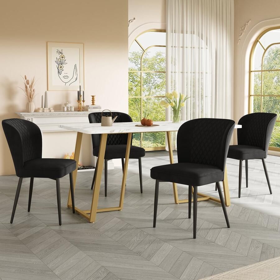 Sweiko Eetgroep (set 140 x 80 x 75cm eettafel met 4-stoelen) moderne keuken eettafel set zwart fluwelen eetkamerstoelen kussens stoel ontwerp met rugleuning wit MDF tafelblad