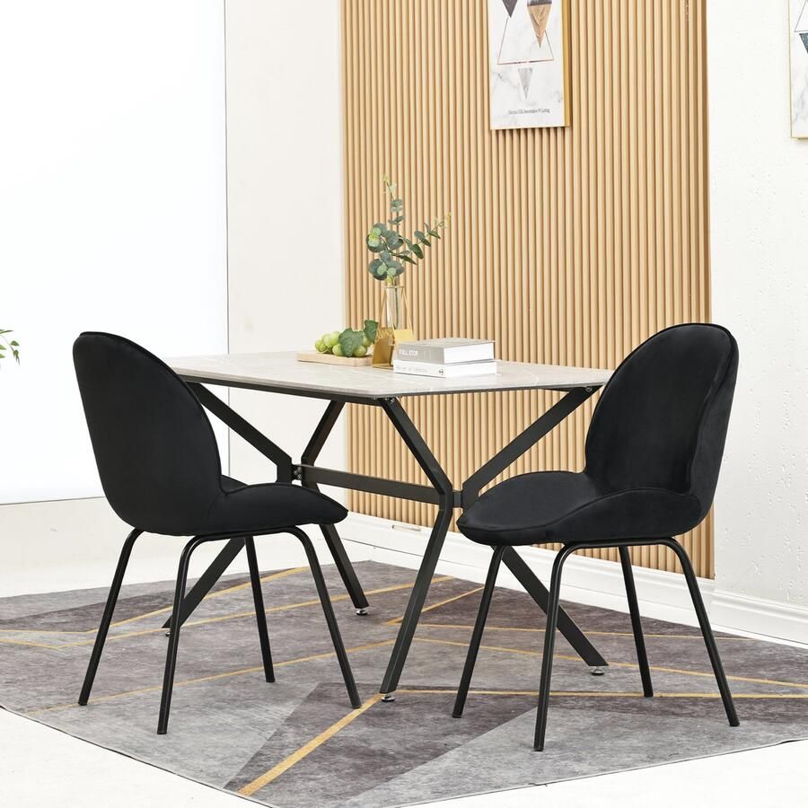 Sweiko Eetkamerstoel (2 pcs) Ronde Stoel Fluwelen Stoel Metalen frame Keuken stoel Gestoffeerde stoel met rugleuning voor woonkamer Draagcapaciteit 150kg Zwart