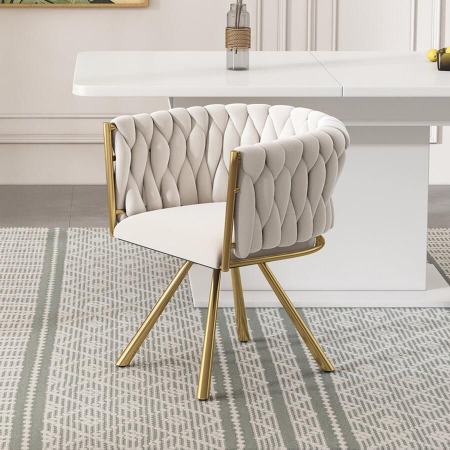 Sweiko Eetkamerstoel 360° Draaibaar Metalen poten Fluweel Beige + Goud