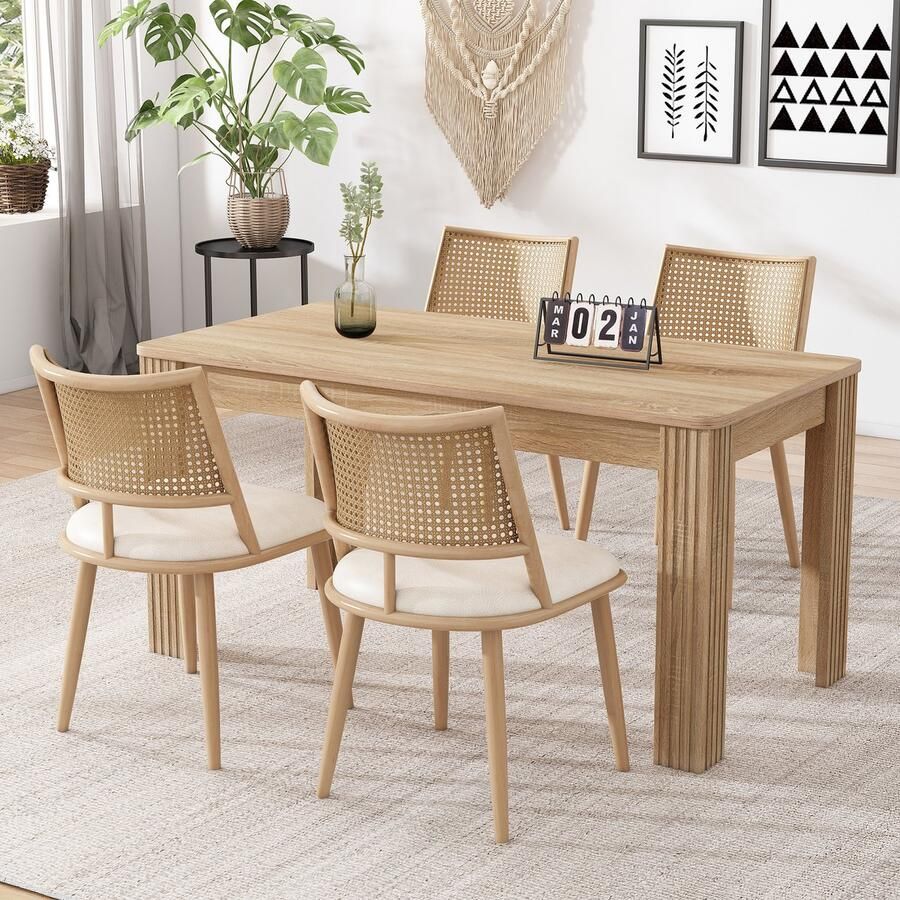 Sweiko Eetkamerstoel 4-delige set PU Zitdecoratie Rotan Geweven Rugleuning Retro natuurlijk woonkamer slaapkamer stoel Beige(Tafel niet inbegrepen)