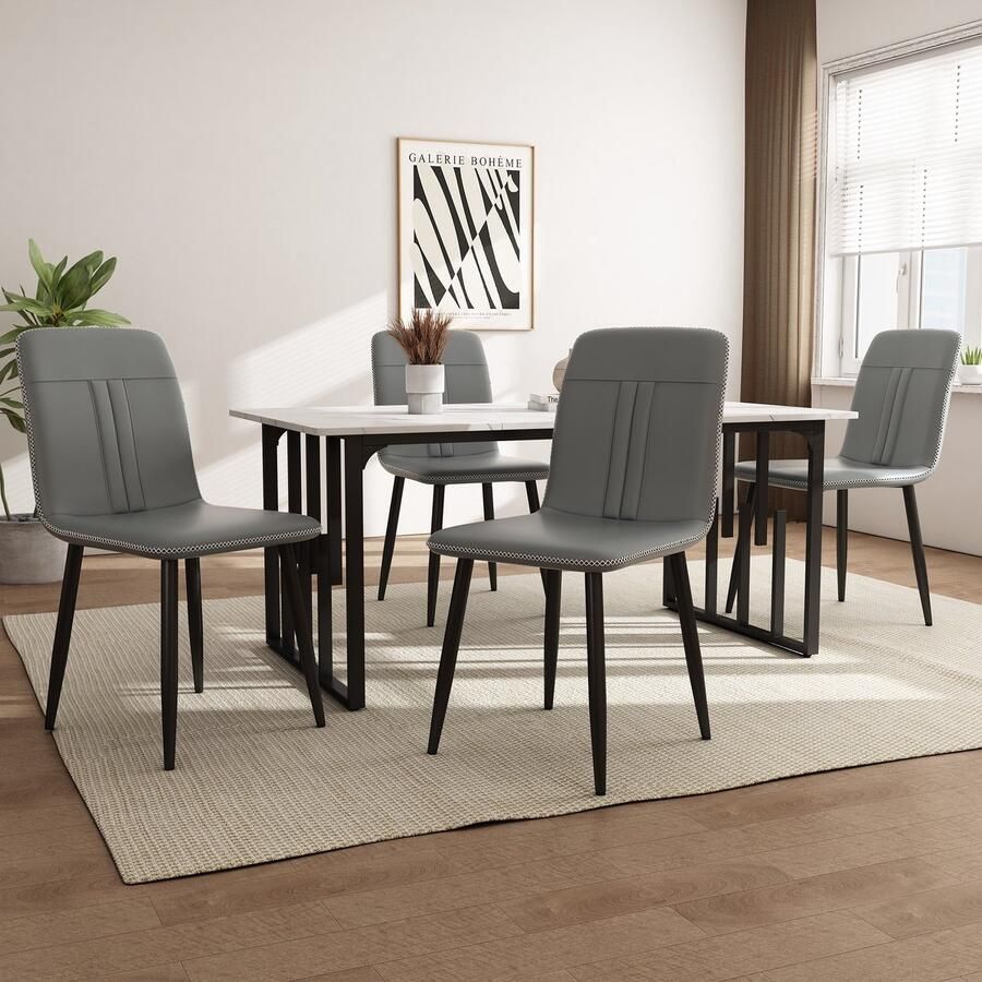 Sweiko Eetkamerstoel (4-pcs) 4-set gestoffeerde stoel ontwerp stoel met rugleuning PU faux lederen zetel metalen frame rug streepnaden Grijs