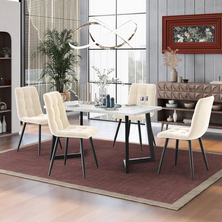 Sweiko 117cm eettafel met 4-stoelen set rechthoekige eettafel moderne keuken tafel set eetkamer stoel Beige fluweel keuken stoel zwarte tafelpoten