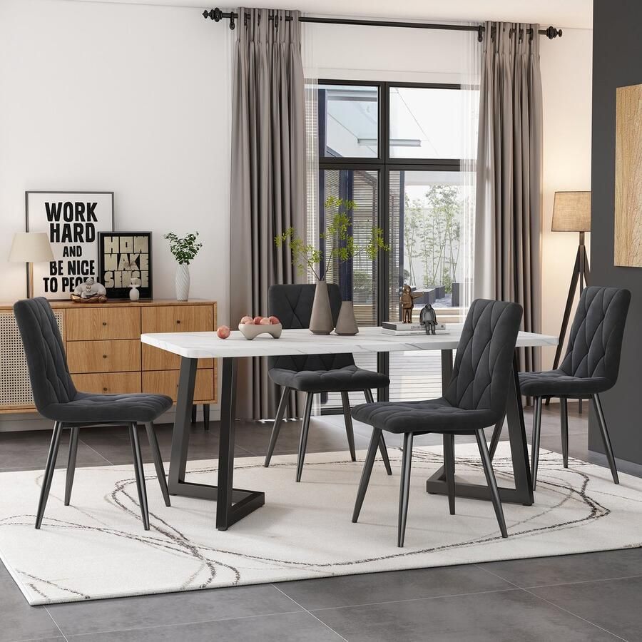 Sweiko Eettafel set (117 x 68cm eettafel 4 stoelen) rechthoekige eettafel moderne keuken eettafel set eettafel stoelen donkergrijze twill fluweel keukenstoelen zwarte tafelpoten