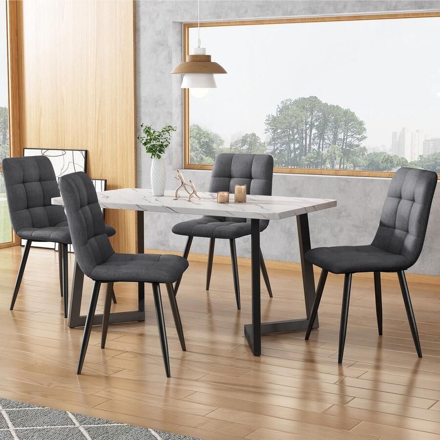 Sweiko 117cm Eettafel met 4 Stoelen Set Rechthoekige Eettafel Moderne Keuken Tafel Set Donkergrijze Linnen Eetstoel Zwarte Tafelpoten