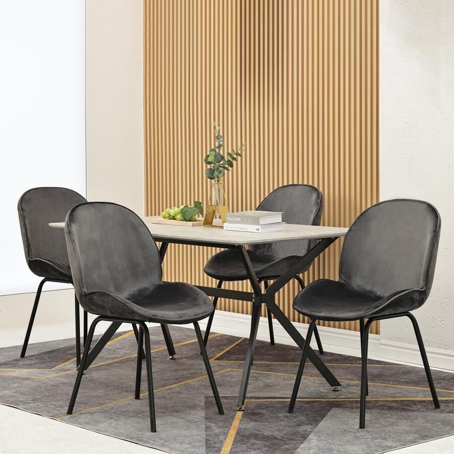 Sweiko Eetkamerstoel (4 pcs) Ronde stoel Fluwelen stoel Metalen frame Keuken stoel Gestoffeerde stoel met Rugleuning voor woonkamer Draagcapaciteit 150kg Gouden metalen poten Grijs